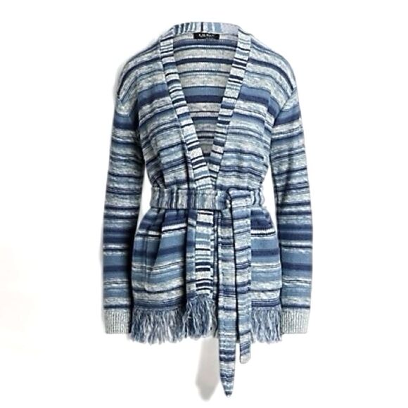 NWT Lauren Ralph Lauren Blue Striped Belted Linen-Cotton Cardigan Size Medium - Picture 1 of 15